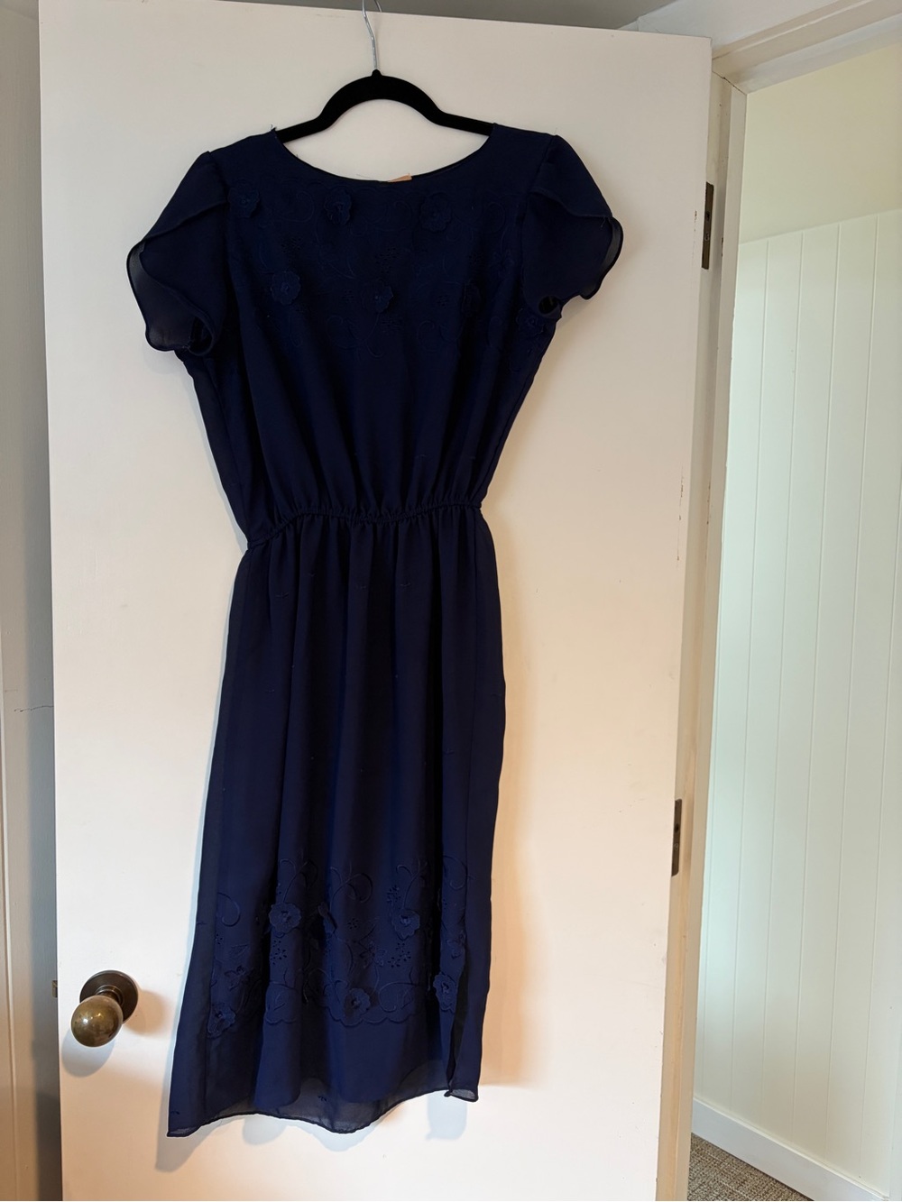 Vintage Navy Midi Dress with Floral Appliqué